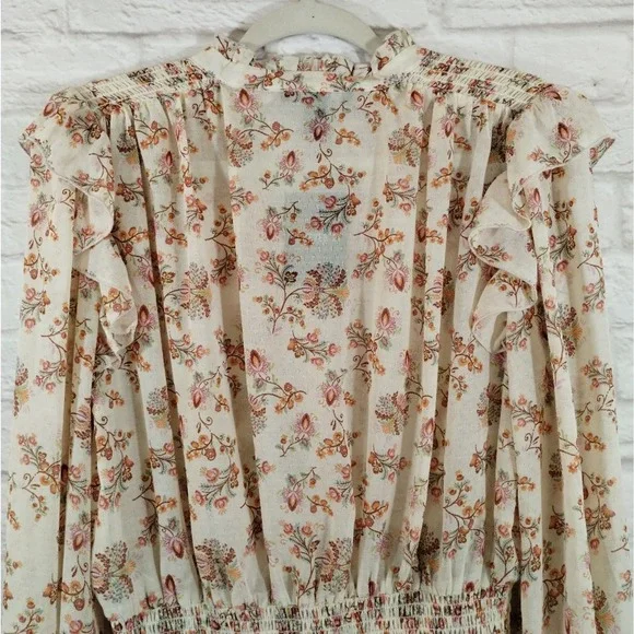 O Forever 21 Cream Wildflower Neck Tie Smocked Cropped Long Sleeve Top NWT M - Picture 12 of 13